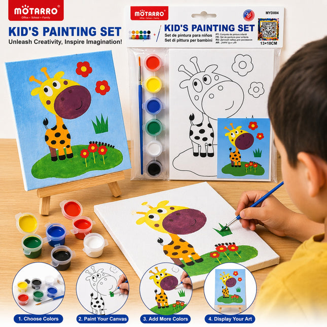 Motarro kids painting set with a child painting a giraffe on a canvas.