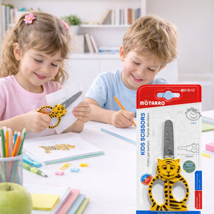 Two children at a table with art supplies and a package of Motarro kids scissors.