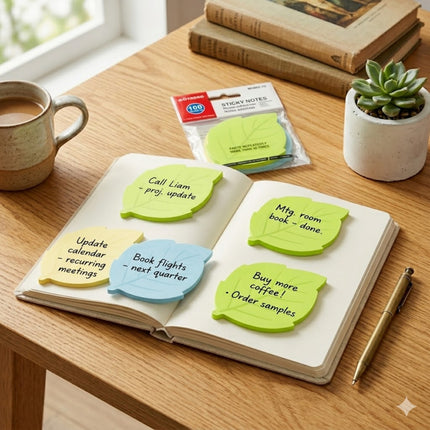 Open notebook with green and blue sticky notes on a wooden desk with a cup of coffee and plant.