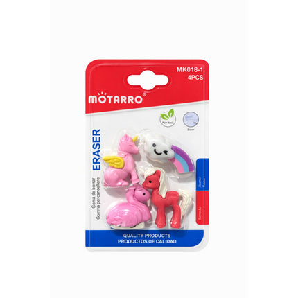 Pack of Motarro erasers with cartoon designs on a white background