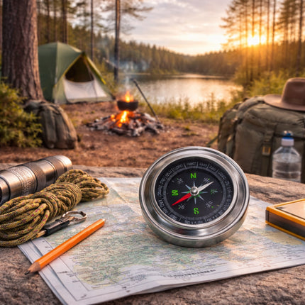 Camping scene with compass, map, and backpack near a campfire and tent by a lake.