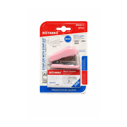 Pink stapler with Motarro branding on a white background