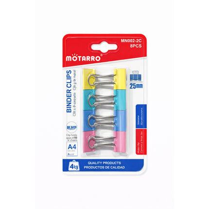 Pack of binder clips with Motararo branding on a white background