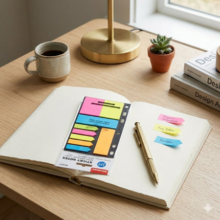 Open notebook with colorful sticky notes, pen, and coffee mug on a desk.