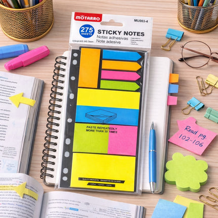 MOTARRO sticky notes with colorful tabs on a desk with stationery items.