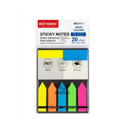 Motarro sticky notes with neon colors in packaging on a white background