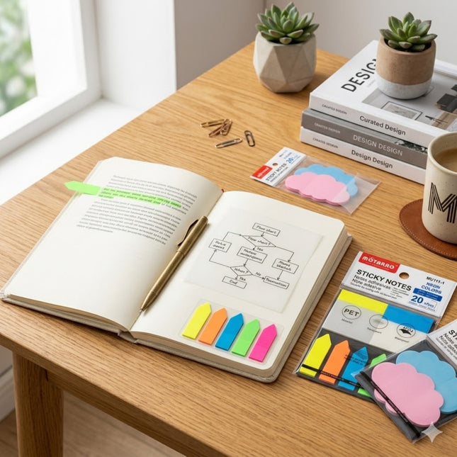 Open book with colorful sticky notes on a desk next to a pack of sticky notes and office supplies.
