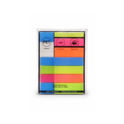 Pack of colorful sticky notes with labels on a white background