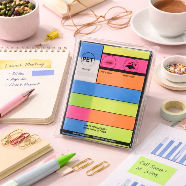 Pack of colorful sticky notes on a desk with office supplies