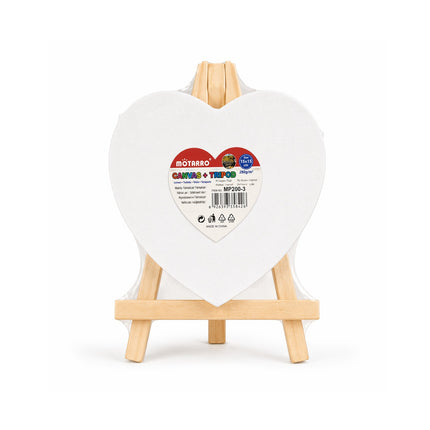 Heart-shaped white canvas with a wooden easel on a white background