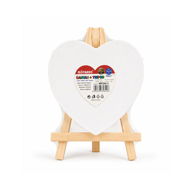 Heart-shaped white canvas with a wooden easel on a white background