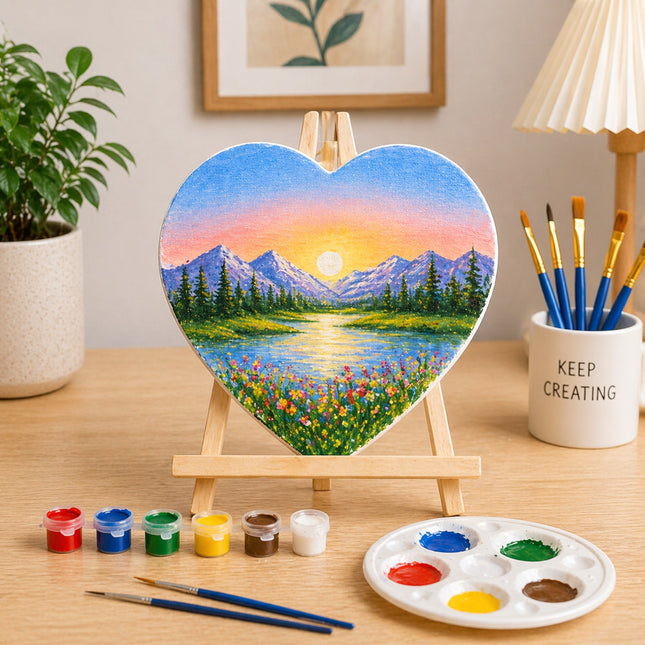 Heart-shaped painting of a sunset over mountains and lake on an easel with art supplies.