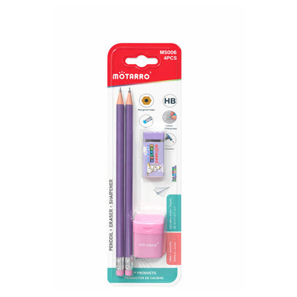 MOTARRO pencil set with two pencils, an eraser, and a sharpener in packaging on a white background