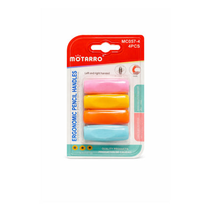 Pack of Motarro ergonomic pencil handles in pink, orange, and blue on a white background