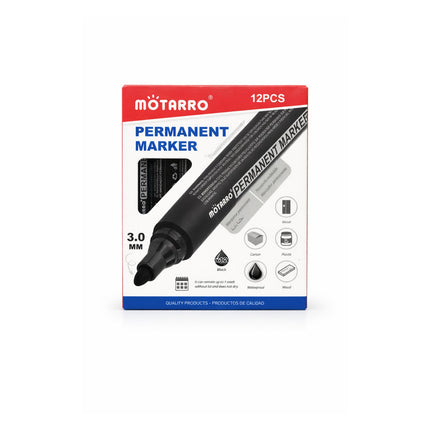 Box of Motarro permanent markers with a red and blue design on a white background