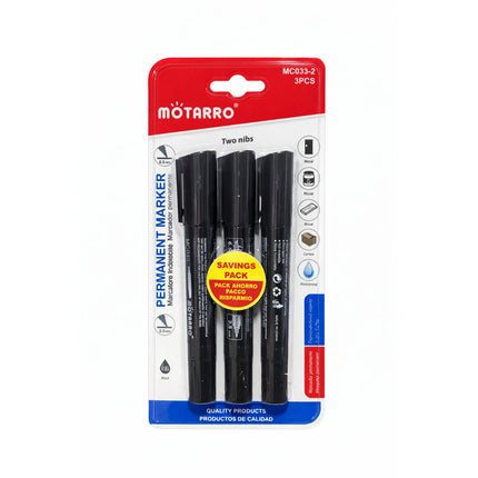 Pack of Motarro permanent markers with three black markers on a white background
