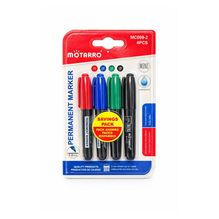 Pack of four permanent markers with Motarro branding on a white background