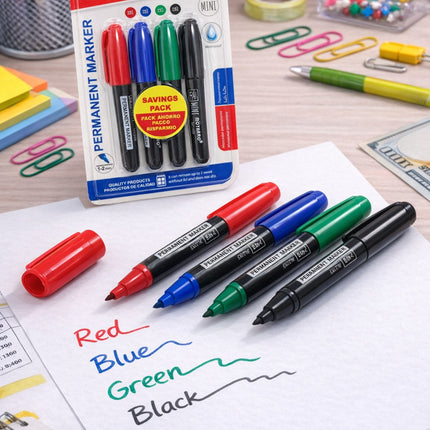 Permanent markers with packaging on a desk with stationery items.