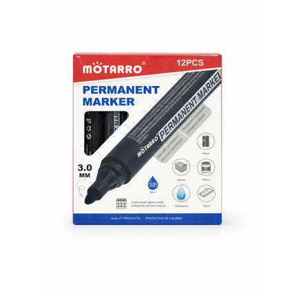 Box of Motarro permanent markers with a black marker on a white background