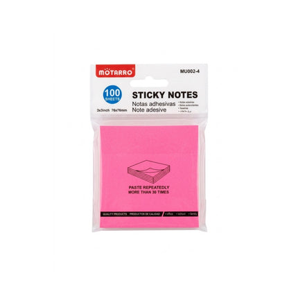 Pack of Motarro pink sticky notes with packaging on a white background
