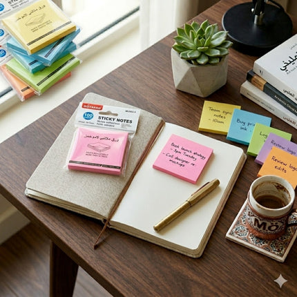 Open notebook with sticky notes, pen, and coffee on a desk