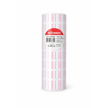 Roll of price tags with Motarro branding on a white background