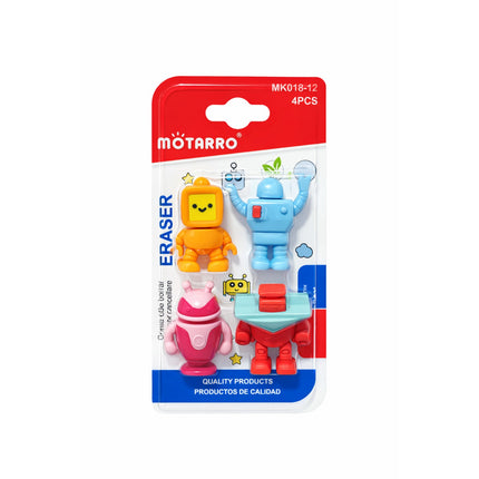 Packaged set of colorful erasers with Motarro branding on a white background