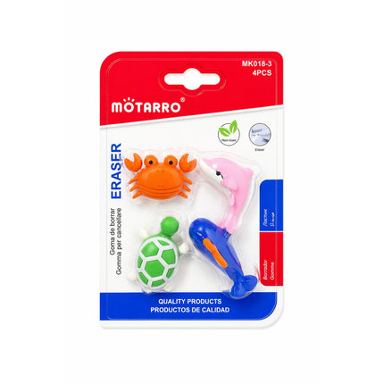 Packaged erasers shaped like a crab, turtle, and fish with Motarro branding on a white background.