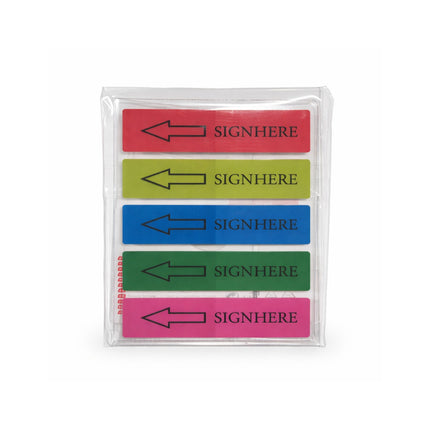 Set of colorful 'SIGN HERE' labels in a clear plastic case on a white background