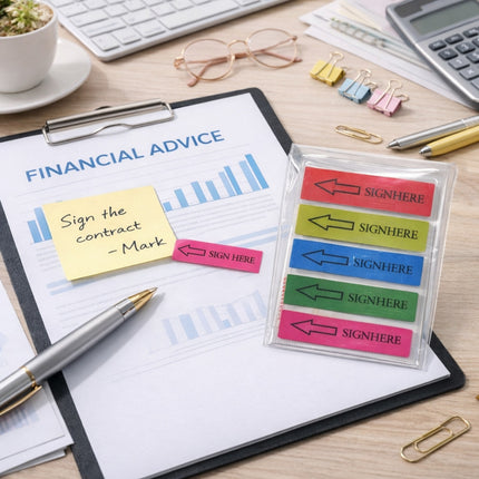 Financial advice document with colorful 'Sign Here' markers on a desk.