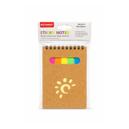 Packaged sticky notes with colorful tabs and a sun design on a white background