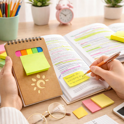 Person using a notebook with colorful sticky notes on a desk with books and stationery.
