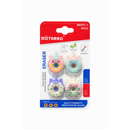 Pack of four cartoon-themed erasers with colorful packaging featuring the brand 'Môtarro'.