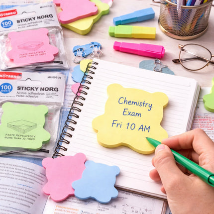 Colorful sticky notes on a notebook with a hand holding a pen, surrounded by stationery items.
