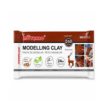 Packaging of Motarro modelling clay in red and white on a white background