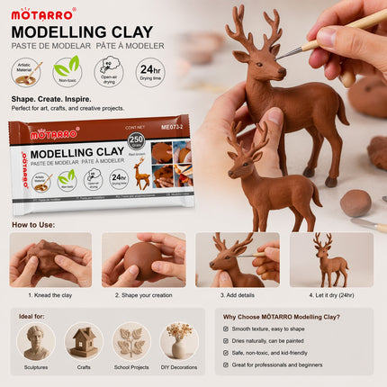 MOTARRO modelling clay packaging with a person crafting a deer figure, step-by-step instructions, and product features.