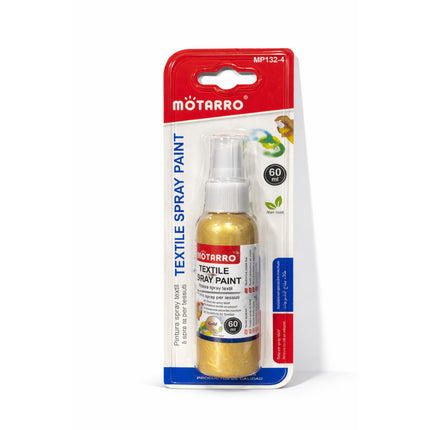 Motarro textile spray paint packaging with gold spray can on a white background
