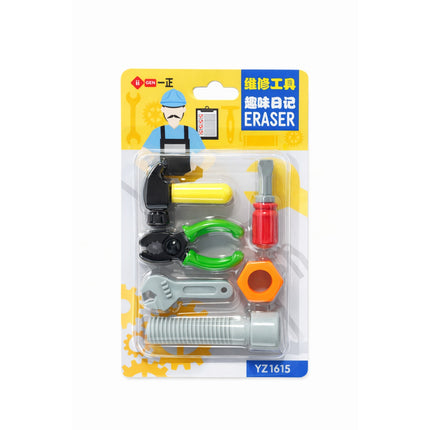Packaged toy tool set with colorful tools on a white background