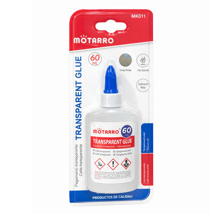 Motarro transparent glue bottle with packaging on a white background