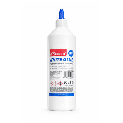 Bottle of white glue with a blue cap on a white background
