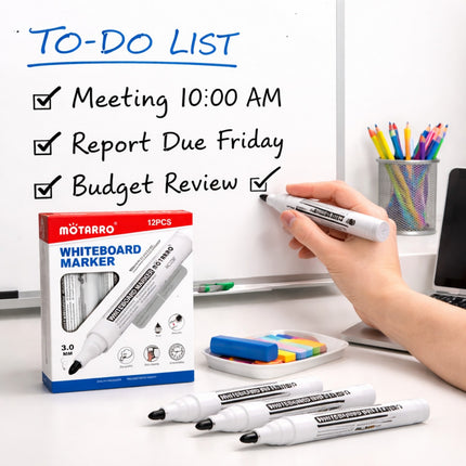 Person writing on a whiteboard with Motarro whiteboard markers, displaying a to-do list.
