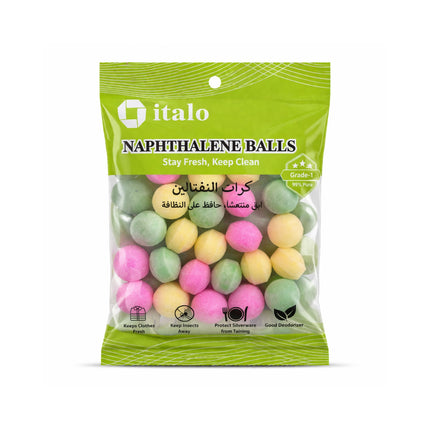 Packaged naphthalene balls with a green italo brand label on a white background