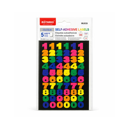 Pack of self-adhesive labels with colorful numbers on a white background