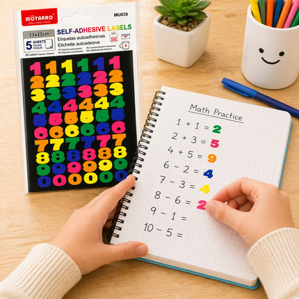 Person using colorful self-adhesive numbers on a math practice notebook with Motarros packaging.