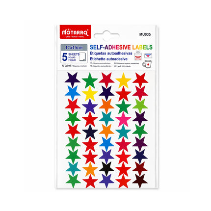 Pack of self-adhesive labels with colorful star designs on a white background