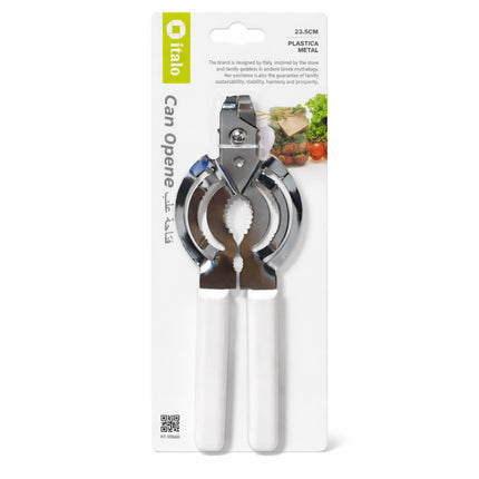 Can opener on a white background with packaging displaying the brand name.