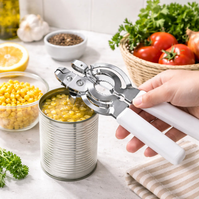 Hand using a can opener on a can of food with a kitchen setting in the background