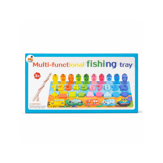 Multi-functional fishing tray toy with colorful hooks and numbers on a white background