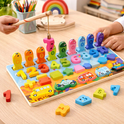 Children playing with a colorful educational puzzle on a wooden table.