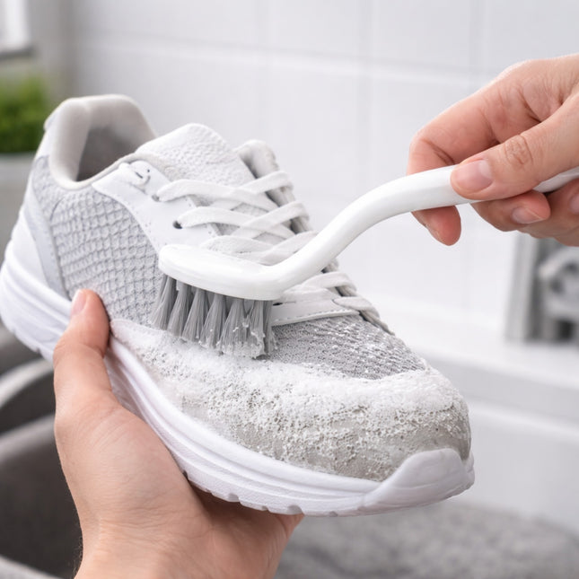 Person cleaning a white sneaker with a brush in a sink